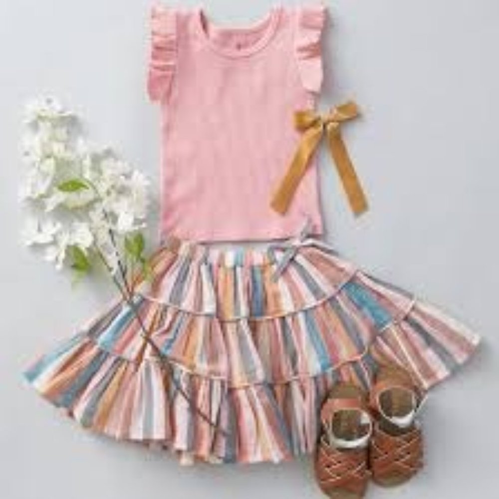 Pink Chicken Allie Skirt Multi Stripe Boho Tiered Girls Sz 5 Elastic Waist Rainb